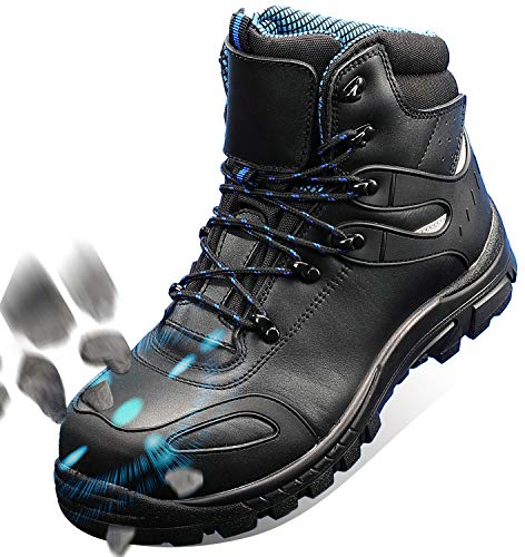 GLORYA Composite Toe Work Boots for Men, Safety Shoes Slip Resistant Anti-Static Leather Work Boots Black Size 9