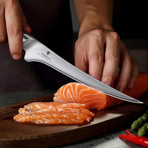 SANMEIHO OKINAWA Series Filleting Knife 18 cm, Sharp Boning Knife for Meat, Japanese 10Cr15Mov Super High Carbon Steel, Professional Kitchen Fish Knife with Flexible Blade and Ergonomic Pakka Wood | Japanischem 10Cr15Mov-Superhartstahl, Profi Fischmesser mit Flexibler Klinge und Ergonomischem Pakkaholzgriff- OKINAWA Series