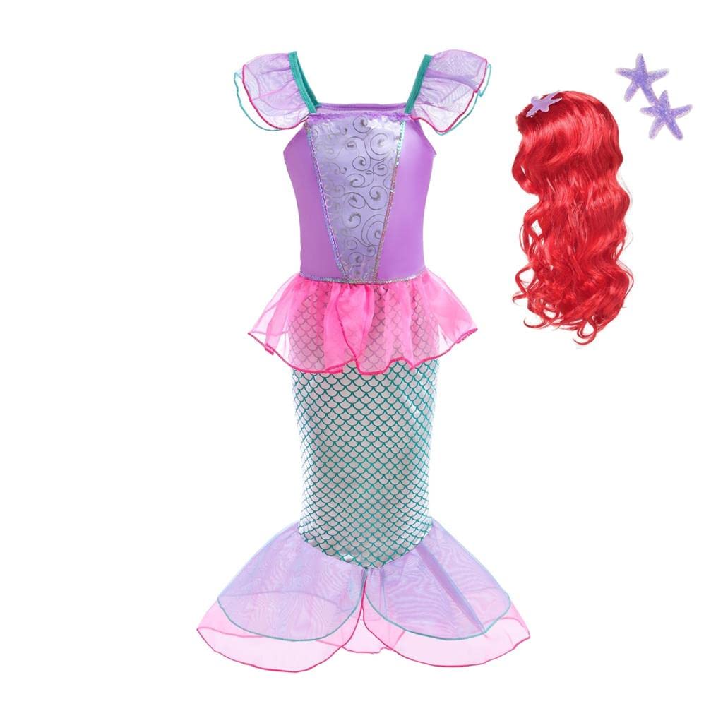 Lito Angels Mermaid Princess Ariel Costumes with Hair Wig Dresses Fancy Party Summer Dress Age 8-9 Years Hot Pink