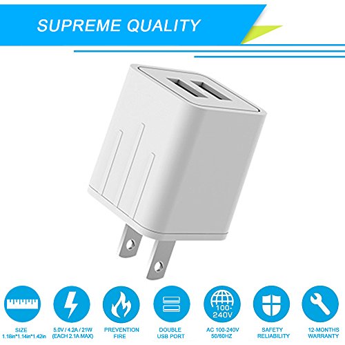 JAHMAI Wall Charger 21W 4.2A Dual-Port Portable USB Travel Wall Charger Phone Charger Adapter for iPhone X, 8, 7, 6S, Plus, 5S, iPad , Galaxy S7, S6 Edge Plus, S5, Nexus, HTC more(White)