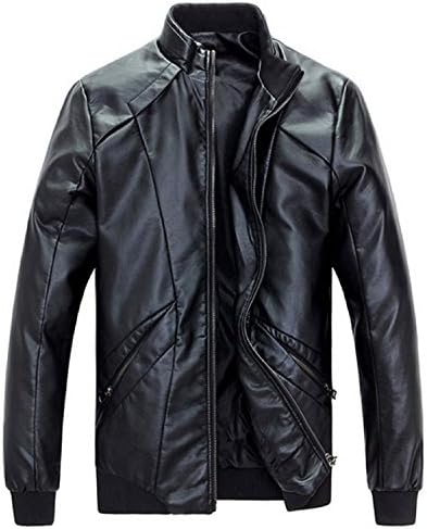 LOVECC Men's Stand Up Collar Faux Leather Jacket Slim Fit Black L