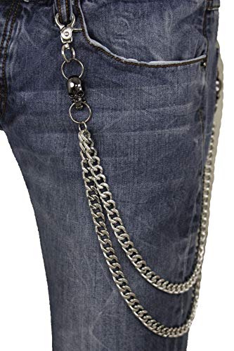 TFJ Men Silver Wallet Chain Links Biker Gothic Gunmetal Skull Charm 2 Strands