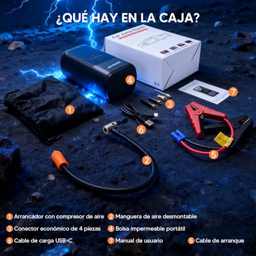 Arrancador de Batería 6000A con Compresor, 10 en 1 Jump Starter 12V para 10L Diésel, Inflador 160 PSI, Luz LED y Cable de arranque estándar – Caja de Arranque Portátil para Auto, Edición estándar