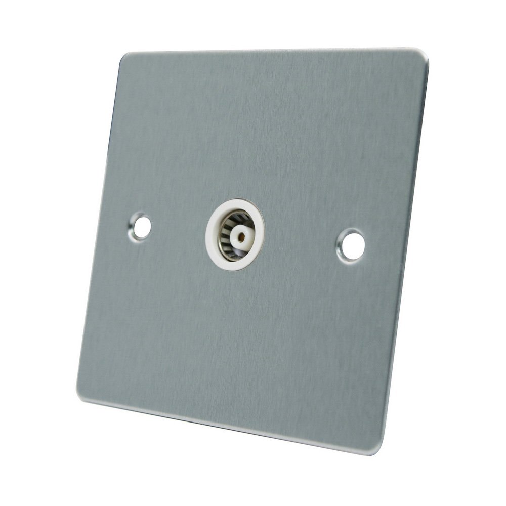 AET FSC1GTVWH Satin Chrome Flat 1 Gang TV White Insert-1-Gang Aerial Coaxial Female Socket, 240 V