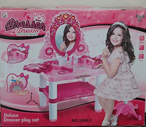 Toy Dressing Table Mirror Vanity Set for Kids Girls w/Light Music (Toy Blow Dryer, Butterfly Wand,Jewelry, Make-Up Accessories)