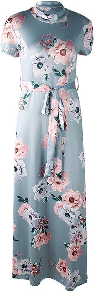 COPPEN Women Fashion Dress Women O-Neck Floral Printed Short Sleeve Bandage Long Dress: Clothing