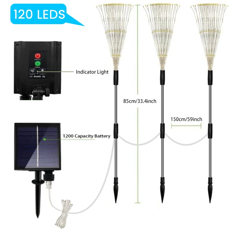Solar Garden Lights Outdoor, 3 Pack 360 LED Solar Fireworks Lights Waterproof 8 Modes Starburst Lights with Remote, Solar Flower Light Garden for Pathway Patio Yard Lawn Parties Decorative(Multicolor)