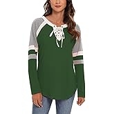 Famulily Women's Lace Up Front Long Sleeve Tops Striped Crew Neck Raglan Baseball Tee Shirt