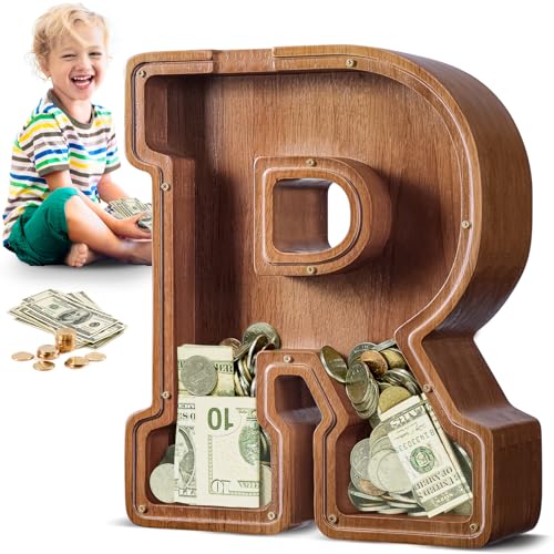 Summidate Spardose für Kinder Junge, Personalisiert Holz Großes Sparschwein, Unzerbrechliches Buchstabe A-Z Sparbüchse für Kinder Mädchen, Erwachsene,