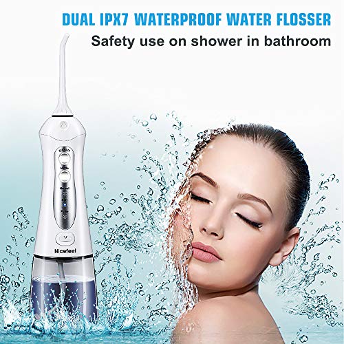 Cordless Water Flosser Teeth Cleaner, Nicefeel 300ML USB Rechargable 3-Mode Portable Oral Irrigator for Travel, IPX7 Waterproof Dental Water Flosser with 4 Jet Tips for Family - Thumbnail 3