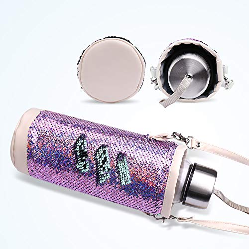 DricRoda Insulated Bottle Cover,Mermaid Sequin Water Bottle Carrier, Drink Bottle Insulator Cooler,Bottle Sleeve Holder Tote Bag with Shoulder Strap for Kids,Girls,Ladies (Purple)