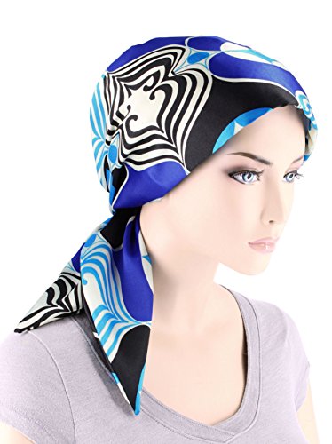 Chemo Fashion Scarf Easy Tie Turban Hat Headwear for Cancer Retro Royal Blue Geometric