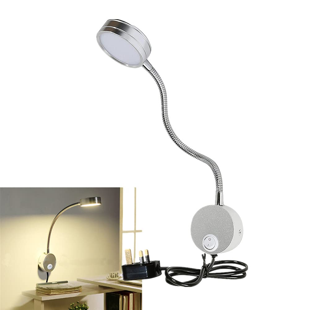 BoYeeBo Flexible Arm 5W LED Bedside Reading Lights, Wall Mounted LED Wall Lamp Working Study Headboard Light with Plug & Switch for Bedroom, Office, Workbench, Studio (Silver, 3000K)
