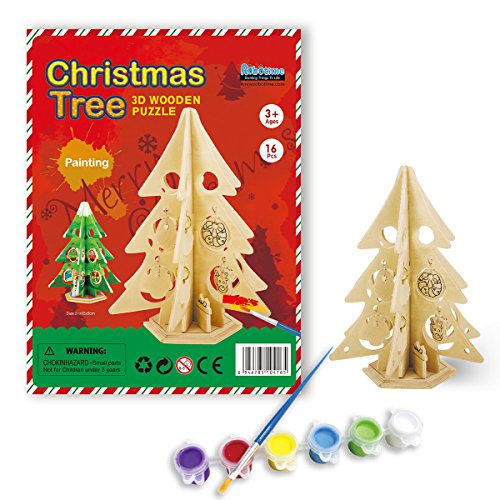 ROBOTIME Christmas Tree 3D Painting Puzzle DIY Wooden Model Kits Woodcraft Toys for Kids Best Christmas Gifts for Boys and Girls