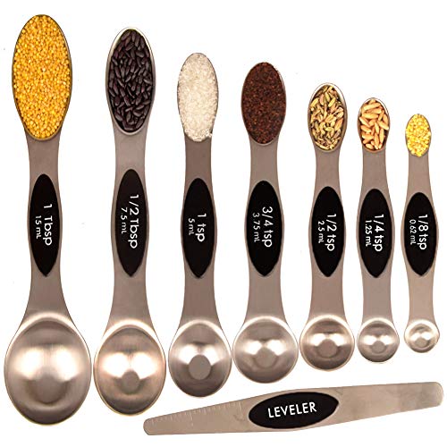 Magnetic Measuring Spoons Set Dual Sided -8 SETS- Stainless Steel Measurement Spoon Scoop for Dry and Liquid Ingredients for Home Kitchen