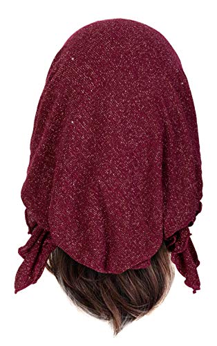 ShariRose Pre-Tied Headscarf Tichel Headwear Head Cover for Women Sparkly Knit Collection! Handmade (Burgundy red Gold Short)