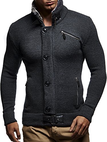 Leif Nelson LN5430 Men s Cardigan With Faux Fur Collar; Size US S, Anthracite