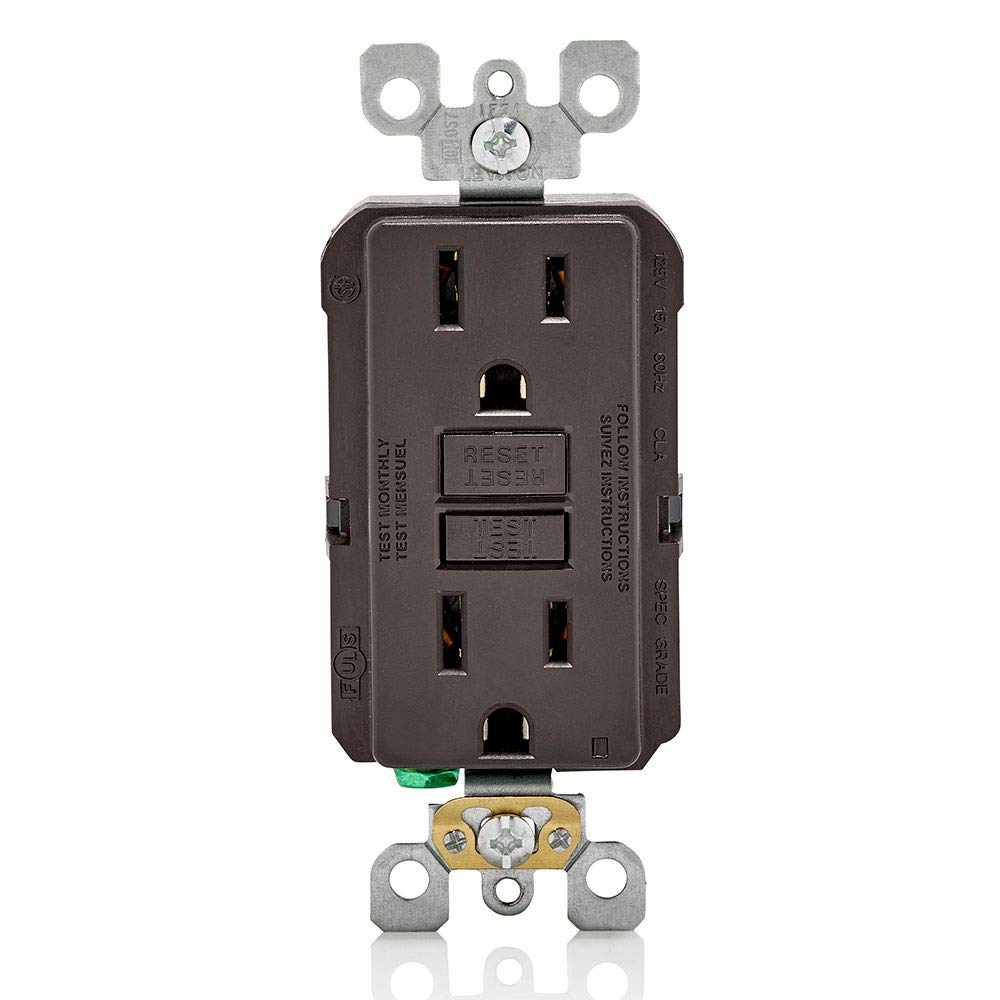 Photo 1 of Leviton GFCI Outlet, 15 Amp, Self Test, Non Tamper-Resistant with LED Indicator Light, Protection from Electric Shock and Electrocution, GFNT1, Brown