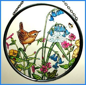 HENSITA Decorative Hand Printed Stained Glass Window Sun Catcher/Roundel in a Wren and Bluebells Design, Warm and Pastel Colors
