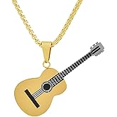 Magna Steel Men's Stainless Steel Acoustic Guitar Music Charm Pendant Necklace with 24" Rolo Chain
