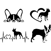 Boston Terrier Decal 4 Pack: Boston Terrier Peeking, Boston Terrier Heartbeat, Boston Terrier Dog in Heart, Boston Terrier Standing (Small ~3.5", Black)