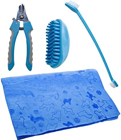Pet Bath Care Kit Nail - Claw clipper, Massage - deshedding brush, Double headed Toothbrush and Quick Drying Towel Set includes tools for any size of animal - small, medium, large dog cat ferret etc.