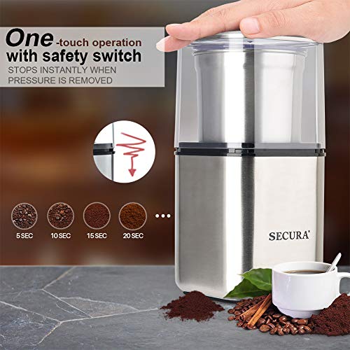 Secura Automatic Coffee Grinder and Spice Grinder with Stainless Steel
