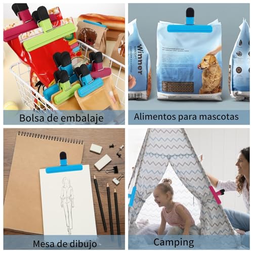 12 Pieces Clips para Bolsas de Alimentos, Pinzas para Cerrar Bolsas de Cocina Duradero, inclye 6 Clips para Comida grande de 15.5cm y 6 pequeña de 7,5 cm, Broches para Bolsas de Cocina Multicolor