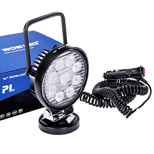 WF Magnet Light Bar, Magnetic Base, Cigarette Lighter Powered, Portable LED Flood Light Work Lamp for Car Off-road SUV Trailer Tractor Truck Engineering Maintenance Garage Camping (27W Round)