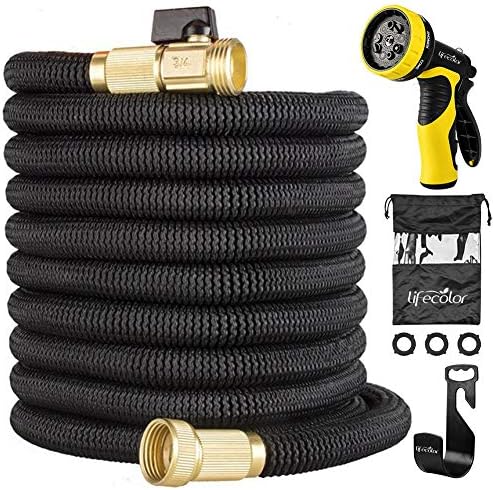 lifecolor 50ft Expandable Hose, Garden Hose 9 Functions Sprayer Nozzle, Strongest Expanding Water Hose Double Latex Core with Solid Brass Connector Extra Strength Fabric