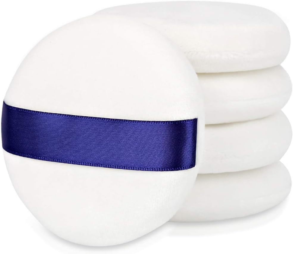 5Pcs Loose powder Puff, HNYYZL 3.15 Inch Ultra Soft Velour Smooth Makeup Powder Puffs With Ribbon Band Handle for Face Makeup, Foundation Powder