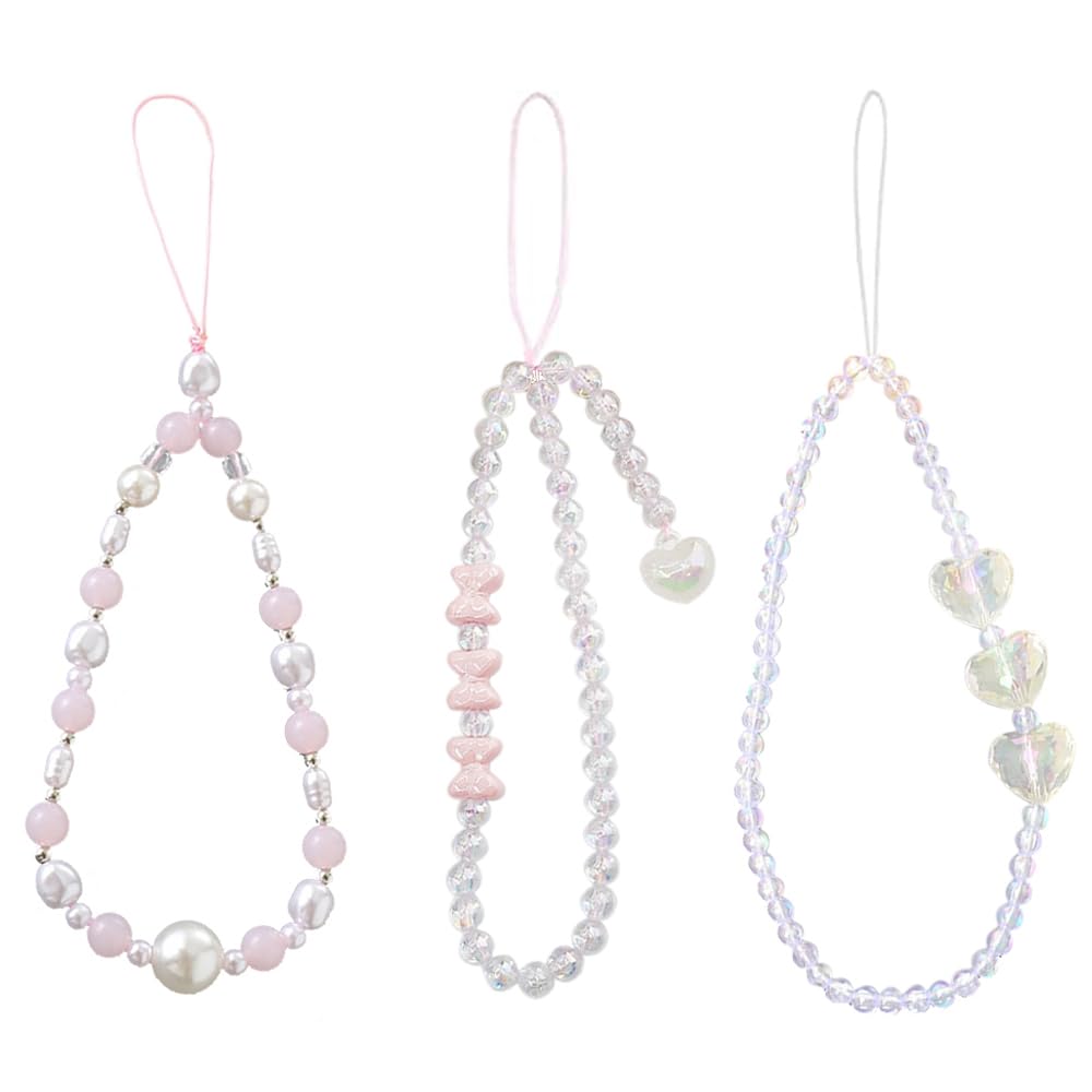 JiuRuLia 3 Pcs Beaded Phone Bracelet Strap Universal Mobile Phone Charms Pearl Bow Beaded Phones Bracelet Lanyard for Phones Key Decorating Girls Women