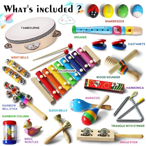 Conjunto de 22 peças de instrumentos de percussão de madeira para crianças pequenas, educação pré-escolar infantil, brinquedos musicais para a primeira infância, adequados para meninos e meninas
