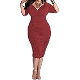 Yajedo Women's Plus Size Bodycon Sexy V Neck Short Sleeve Ruched Cocktail Midi Dresses