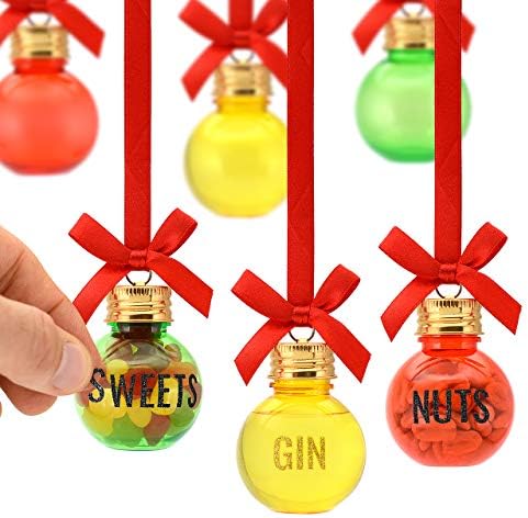 Eat, Drink and be Merry Christmas Xmas Baubles Set of 6 50ml Includes LETTER STICKERS To Personalise Fill Your Own Gift Set To Decorate With Sweets Nuts Booze Gin Vodka Whisky Rum Fillable Decorations