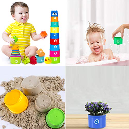 14 Pack Stacking Cups Water Spray Bath Toys, Stacking Early Learning Toys for Toddlers 1-3 with Numbers Letters Patterns Colors, Gifts for 1-3 Year Old Boys Girls