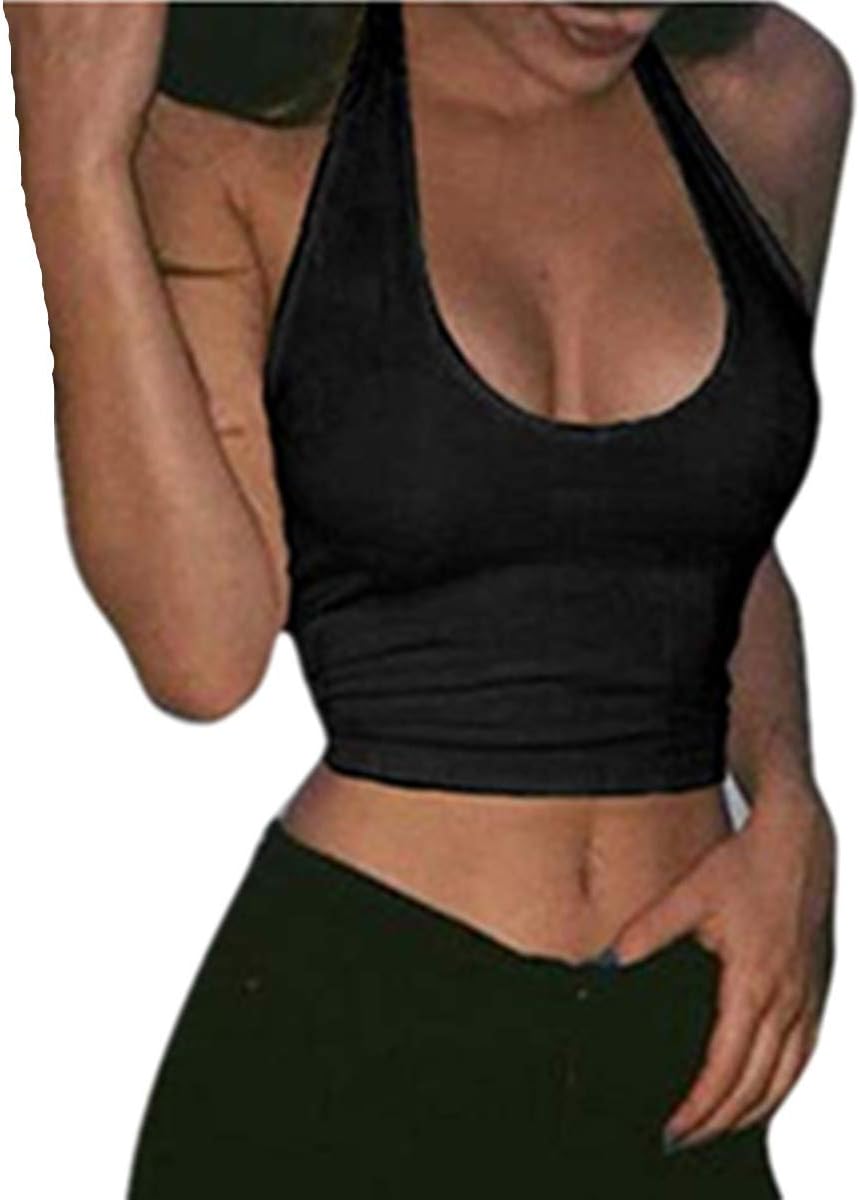 E-Papaya Women Sexy Low Cut Halter Neck Sleeveless Sport Camis Bra Vest Crop Top (Black, S)