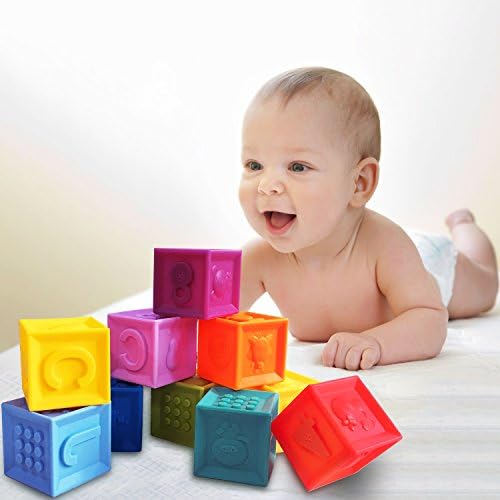 Baby Blocks Toys, arVin Soft Building Bath Stacking Toy Squeeze Block with Animal Number Shape Textures, BPA Free for Kids Toddlers Bathtub (Set of 10, Cube Size 1.6 in)