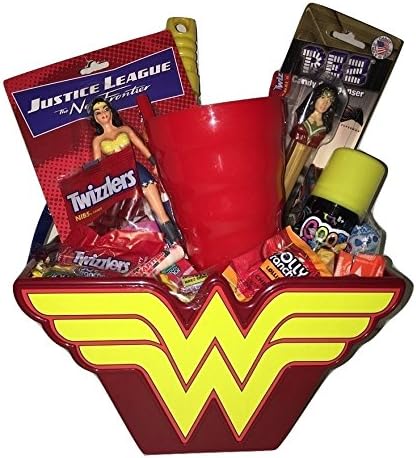 Wonder Woman Superhero Easter Basket Gift Bundle Pack in keepsake basket action figures candy pez cup bubble wand ~FAST SHIPPING USA SELLER~