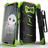 Zizo Bolt Kickstand Armor Case with .33mm 9H Tempered Glass Screen Protector and Holster Belt Clip - Black/Neon Green