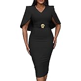 CHICME Women's Elegant Cape Sleeve Bodycon Midi Dress V-Neck Back Slit Slim Fit Cocktail Pencil Dress