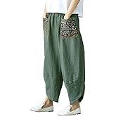 Hwayslon Women's Baggy Linen Wide Leg Trousers Casual Patchwork Elastic Waist Harem Pants Harlan Pants M -XXL