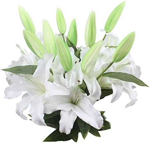 Duovlo 34'' Artificial White Lilies Bouquets Real Touch Tiger Lily Flowers With 4 Heads for Wedding Home Party Decor,Pack of 2