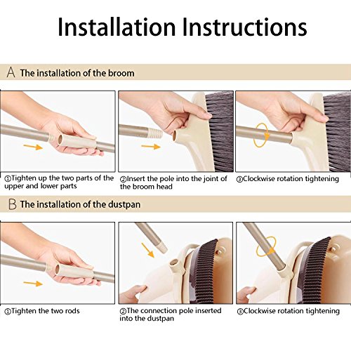 Extended Broom and Dustpan Set- 50" Long Handle Rotatable Self Cleaning Broom and Dust Pan with Long Handle, Standing Upright Grips Sweep Set with Lobby Broom Combo Set for Kitchen Garden Garage-Beige