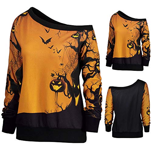 Shirts Women Plus Size Clearance,Women Halloween Party Skew Neck Pumpkin Print Sweatshirt Jumper Pullover Tops,Women's Activewear,Yellow,2XL - Thumbnail 2