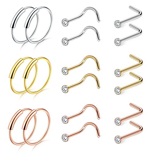 D.Bella Rose Gold Nose Studs, 20G 8mm 316L Stainless Steel Nose Septum Ring for Body Piercing Jewelry By