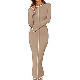 MEROKEETY Women's Fall Long Bell Sleeve Sweater Dress 2025 Elegant Bodycon Color Block Knit Midi Maxi Dresses