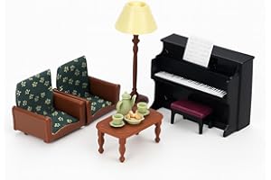 OLEOCA Family Dollhouse Living Room Set — Piano with Bench & Sheet Music, Two Armchairs, Coffee Table, Floor Lamp & Tea Set — Dollhouse Furniture & Accessories for Ages 3+