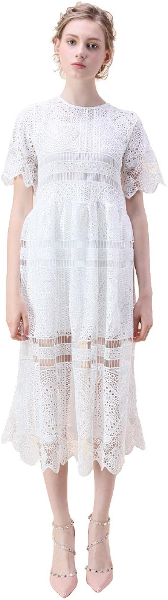 Amazon Co Jp Chicwish シックウィッシュ 半袖 総レースクローシェワンピース ミディワンピース ホワイト 服 ファッション小物