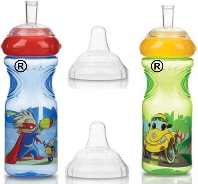 2 x Nuby 300ml Sports Sipper, Non Spill, Soft Leakproof Spout & BPA Free - Juice Drink Bottle, Beaker, Container for Toddlers, Children, Kids (9m+) (Blue + Green)